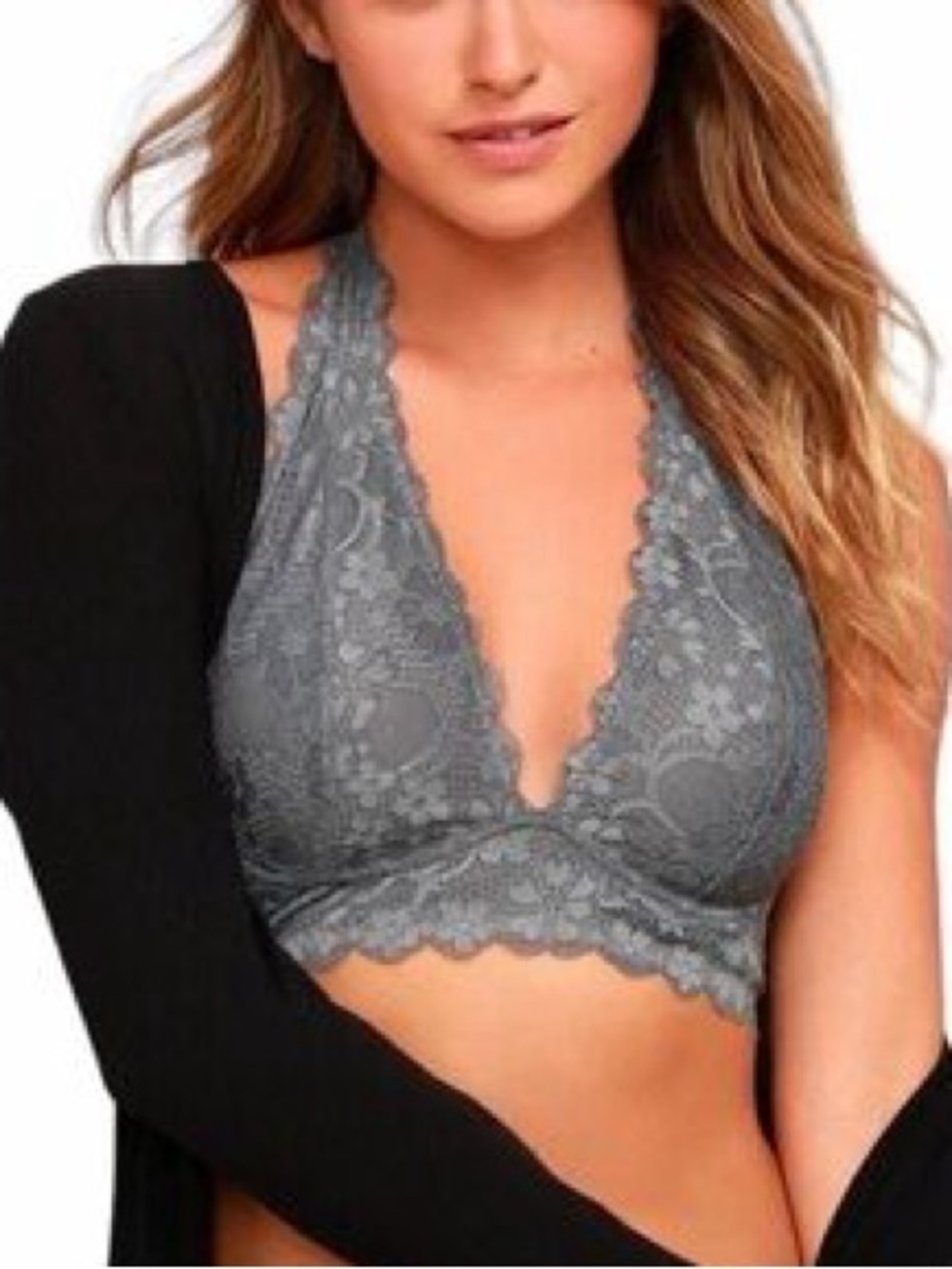 Intimately Free People Galloon Lace Halter Bralette - Dark Grey M